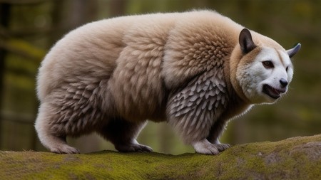 furry animal standing on top of a moss covered tree branch in a forest