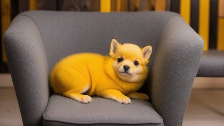 small yellow dog sitting on top of a gray chair next to a wall