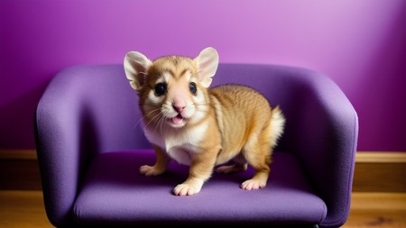 small brown and white cat sitting on a purple chair with a purple wall behind it