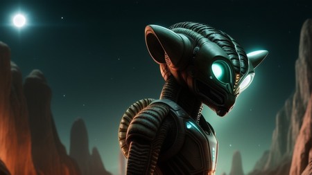 sci - fi creature with glowing eyes standing in front of a mountain