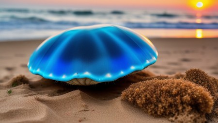 jellyfish sitting on top of a sandy beach next to the ocean