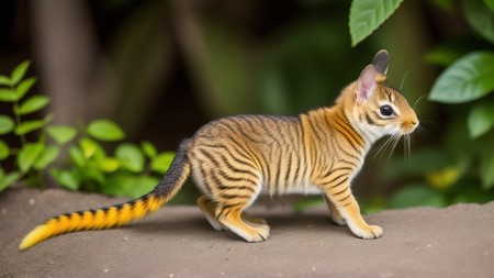 small striped animal standing on top of a dirt ground next to green plants