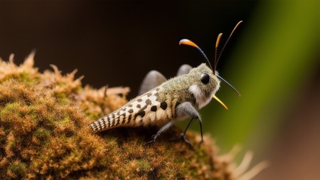 close up of a small insect on a mossy surface with a blurry background