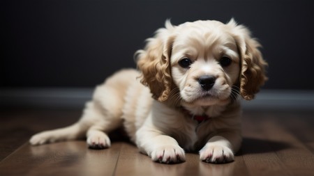 puppy is sitting on the floor looking at the camera with a sad look on his face