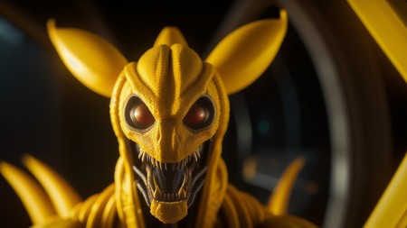 close up of a yellow creature with big eyes and sharp teeth