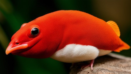 red and white fish sitting on top of a piece of wood