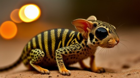 close up of a small animal on a dirt ground with lights in the background
