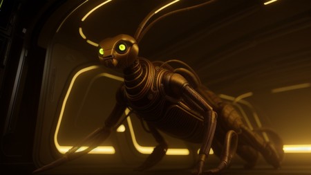giant insect with glowing eyes standing in a dark room with yellow lights