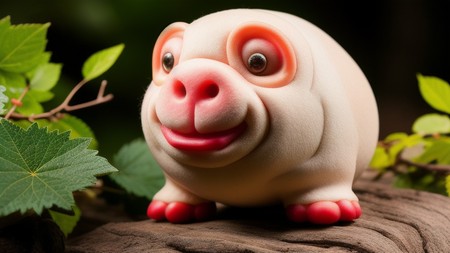 close up of a toy pig on a tree branch with leaves