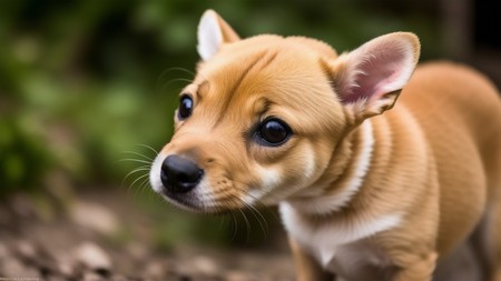 small brown dog standing on top of a lush green field next to a forest