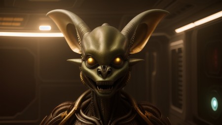 creepy creature with glowing eyes in a dark space station room with a yellow light coming from the ceiling