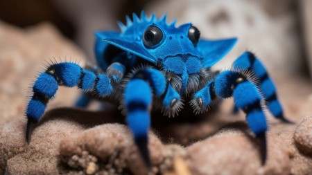 close up of a blue and black spider on a piece of rock