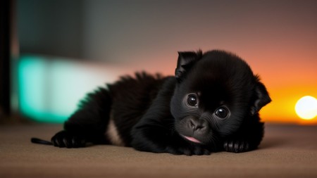 small black dog laying on top of a floor next to a window