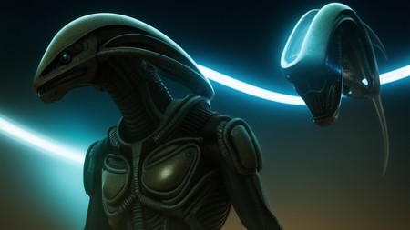 an alien looking creature with glowing eyes and a glowing head is standing in front of a dark background