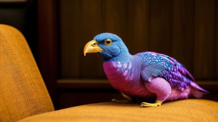 colorful bird sitting on top of a brown chair next to a wooden wall