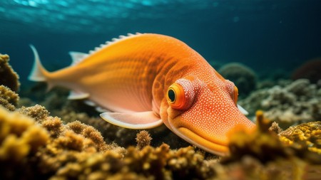 an orange fish with large eyes swimming over a coral covered ocean floor