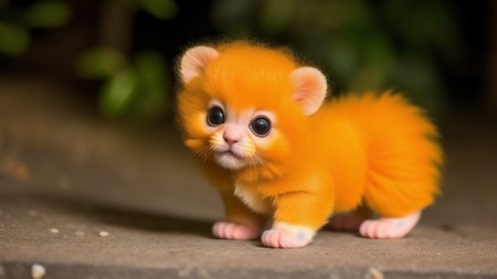 small orange kitten with big eyes standing on a concrete surface next to a bush