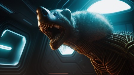 close up of a creature with its mouth open in a space station