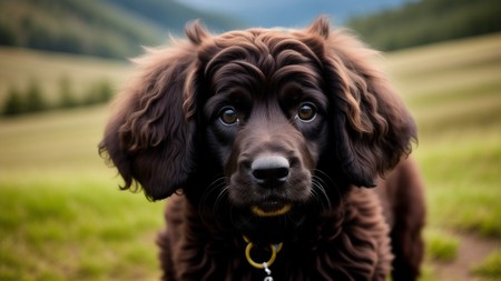 close up of a dog on a field with mountains in the background