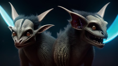 close up of two demonic looking creatures with glowing eyes and horns