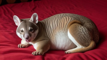 close up of a small animal on a bed with red sheets