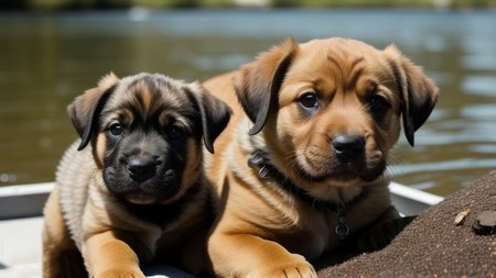 two puppies are sitting in a boat on the water, looking at the camera