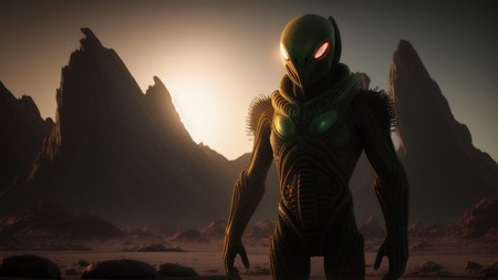 an alien standing in the middle of a desert with mountains in the background