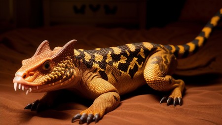 toy lizard sitting on top of a bed next to a night stand