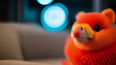 close up of a stuffed animal on a couch with blurry lights in the background