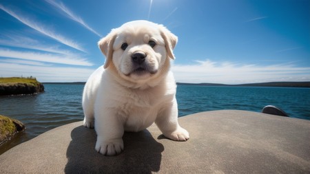 puppy is sitting on a rock by the water's edge