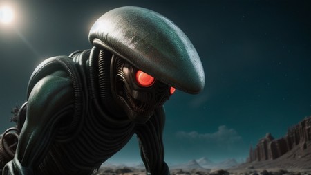 close up of an alien with red eyes and a hat on