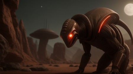 sci - fi creature with glowing eyes in a desert area with a moon in the background