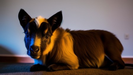 dog that is laying down on the floor looking at the camera