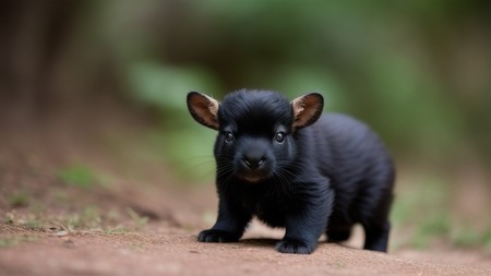 small black animal standing on top of a dirt ground next to a forest