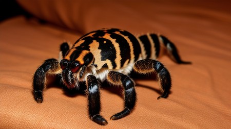 close up of a spider on a bed with a brown background