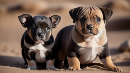 two small puppies sitting next to each other on a sandy surface