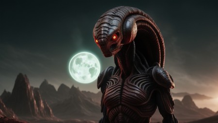 an alien creature with glowing eyes standing in front of a full moon
