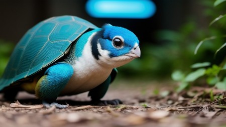 blue and white turtle sitting on top of a dirt ground next to green plants