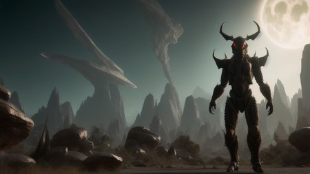 demonic looking creature standing in the middle of a rocky area with a full moon in the background