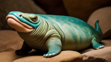 blue and green stuffed animal sitting on top of a pile of rocks