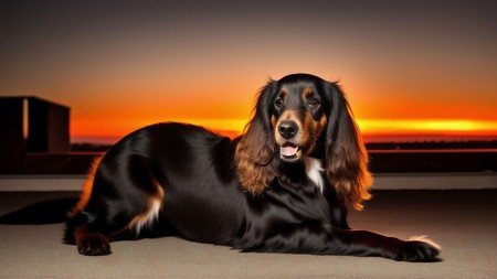 black and brown dog laying on the ground with a sunset in the background