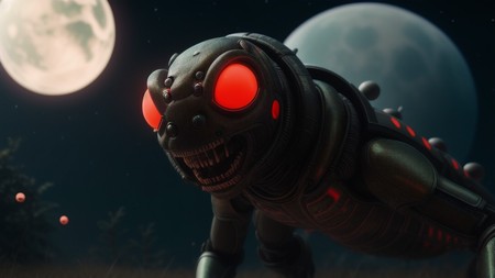 robot with glowing eyes standing in front of a full moon and a full moon