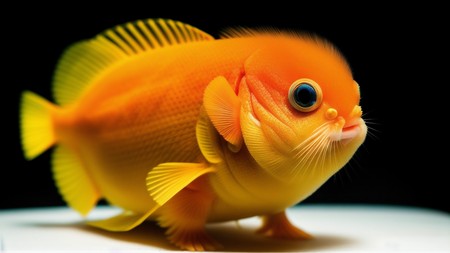 yellow fish with a blue eye and a black back ground with a black background