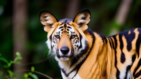 close up of a tiger standing in a forest with trees in the background