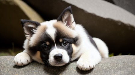 black and white puppy laying on top of a rock next to a pile of rocks