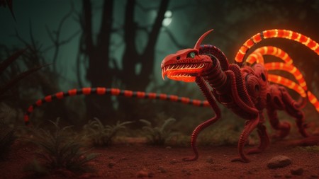 red creature with glowing arms and legs standing in a forest at night