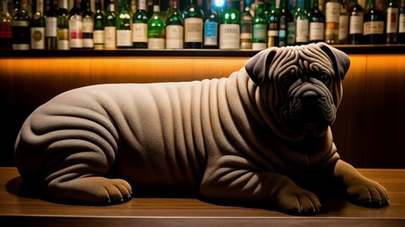 statue of a dog sitting on top of a table next to bottles of wine