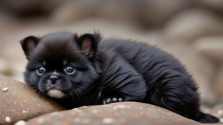 small black puppy laying on top of a rock next to a pile of rocks