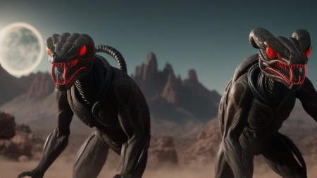 two alien creatures with glowing red eyes standing in the desert with a full moon in the background