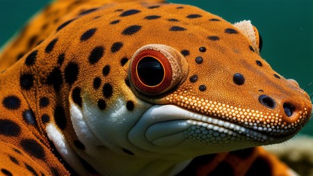 close up of an orange and black animal with a red eye